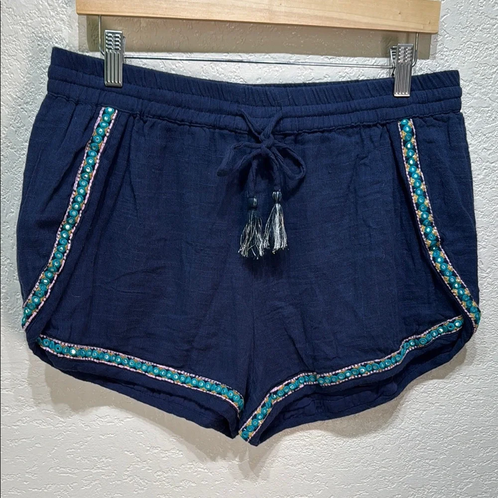 Earthbound Trading Navy XL Blue‎ Embellished Women's Elastic Tie Waist Shorts